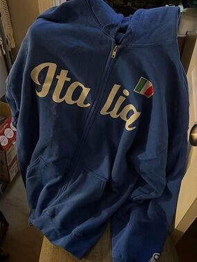 Blue 'Italia' Zip-Up Hoodie with Italian Flag Patch